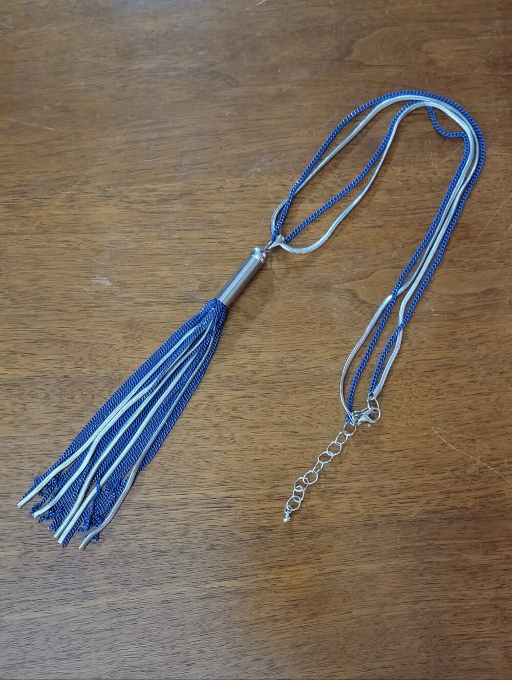 Blue and silver 2-strand tassel necklace